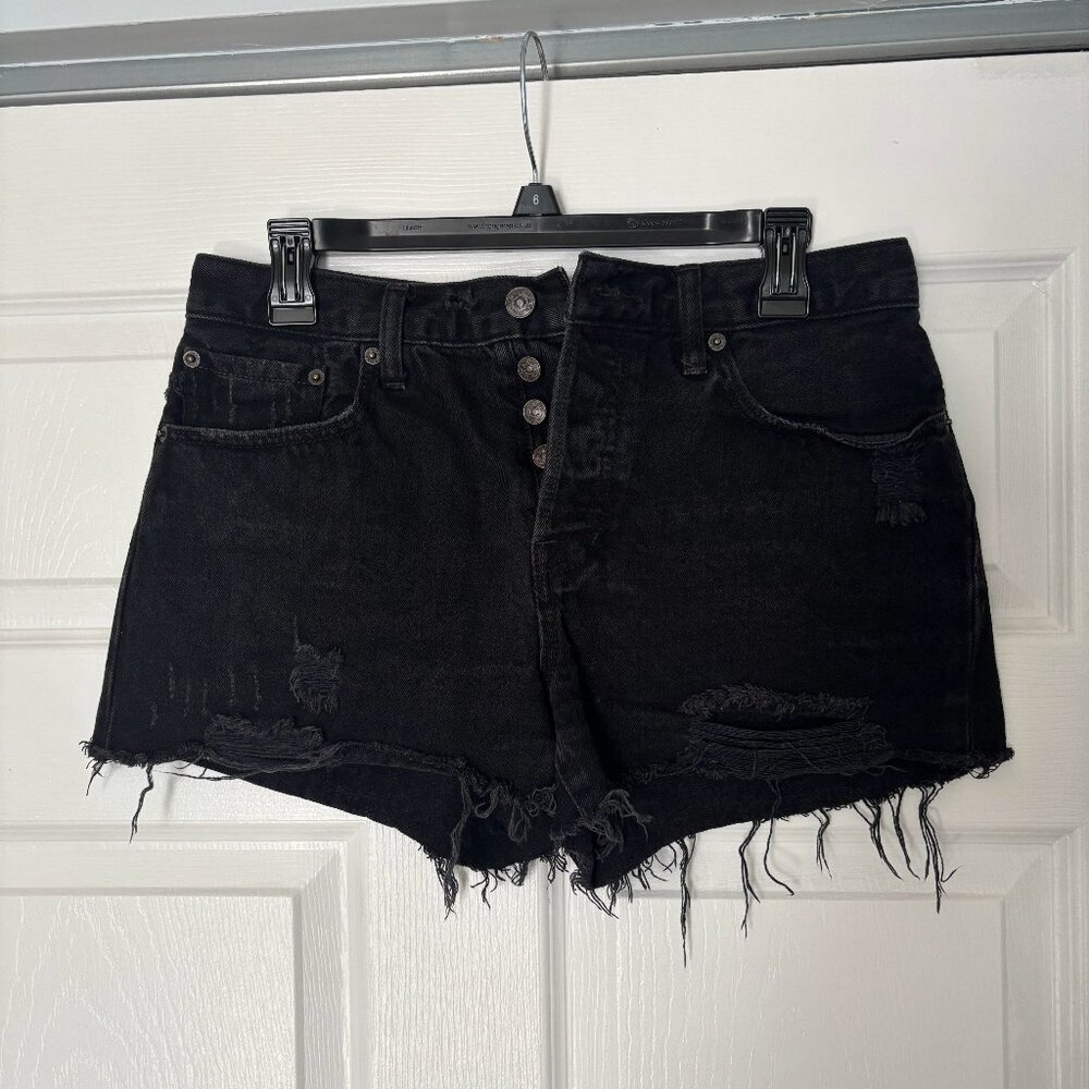 Free People Black Distressed Button Fly Denim Shorts